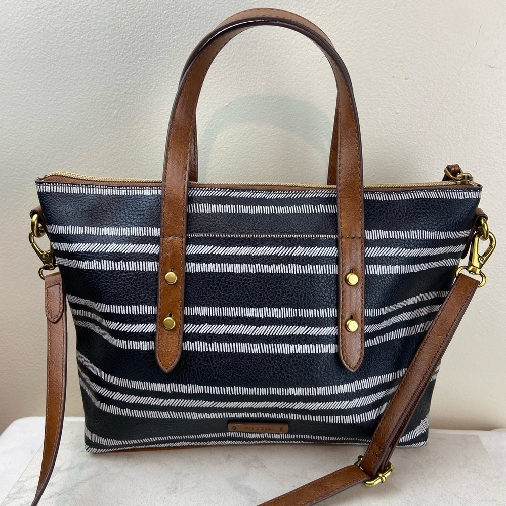 Fossil Striped Crossbody Vegan Leather Satchel Tote - Picture 3 of 10